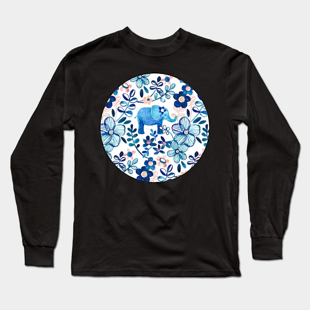 Blush Pink, White and Blue Elephant and Floral Watercolor Pattern Long Sleeve T-Shirt by micklyn